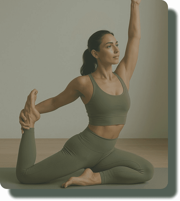 Practitioner holding a kneeling quad stretch in sage activewear