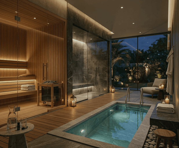 Subterranean thermal suite with cedar sauna and cold immersion pool